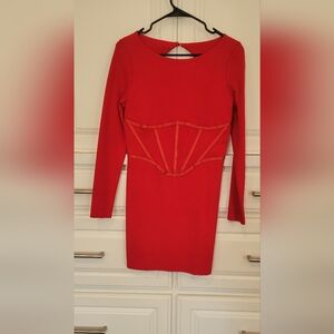 Red Long-Sleeve Corset-Detail Bodycon Dress